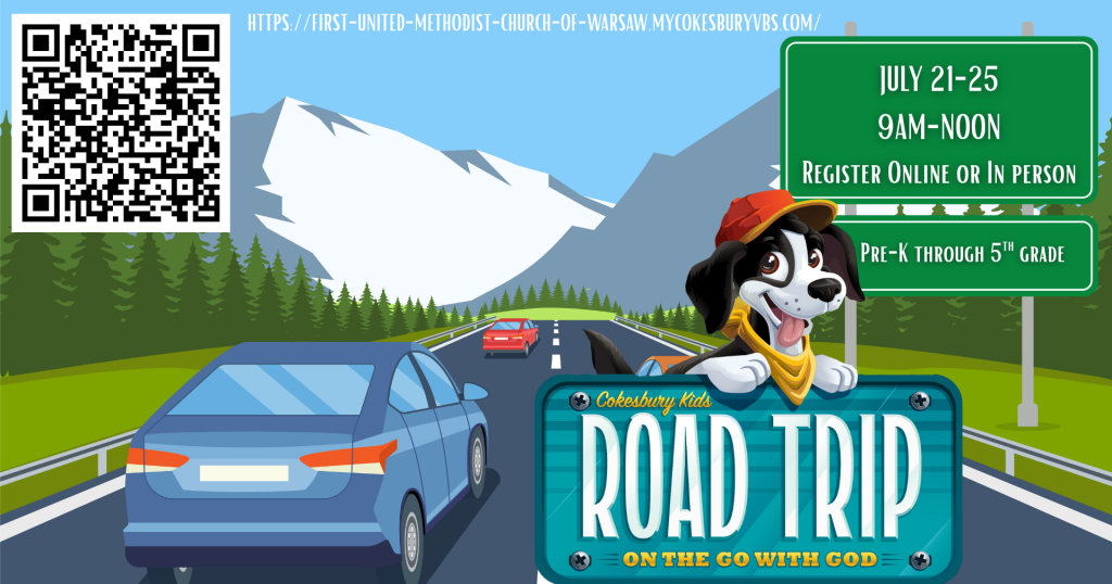Promotional Image. Road Trip VBS: On the Road with God. July 21st-25th, 9AM to Noon. For children pre-k through 5th grade.